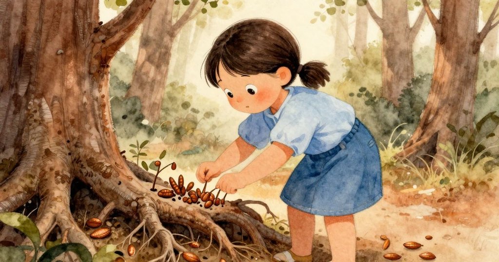 Lena 在樹根旁排列種子莢,低角度視角顯示其專注輕拍的動作和自然環境之美