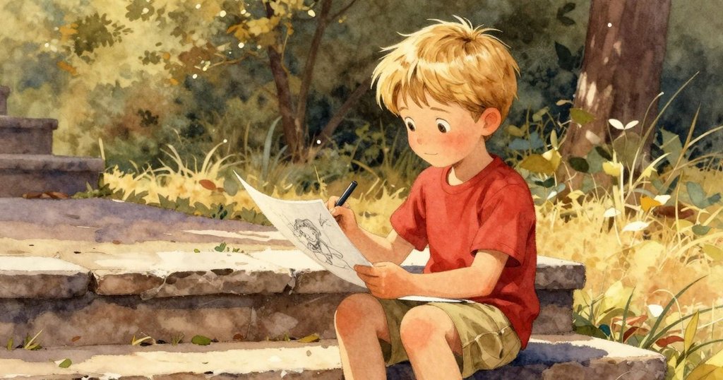 Dale 坐在後階梯上畫畫,筆記本被微風吹拂翻頁,背景中排列的種子莢連結著故事發展