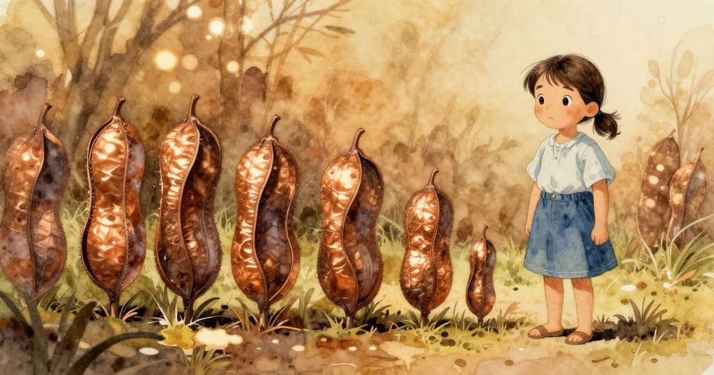 整齊排列的種子莢在柔和散射光下象徵著成長承諾,Lena 與 Dale 的身影隱約出現,預示著未來的希望