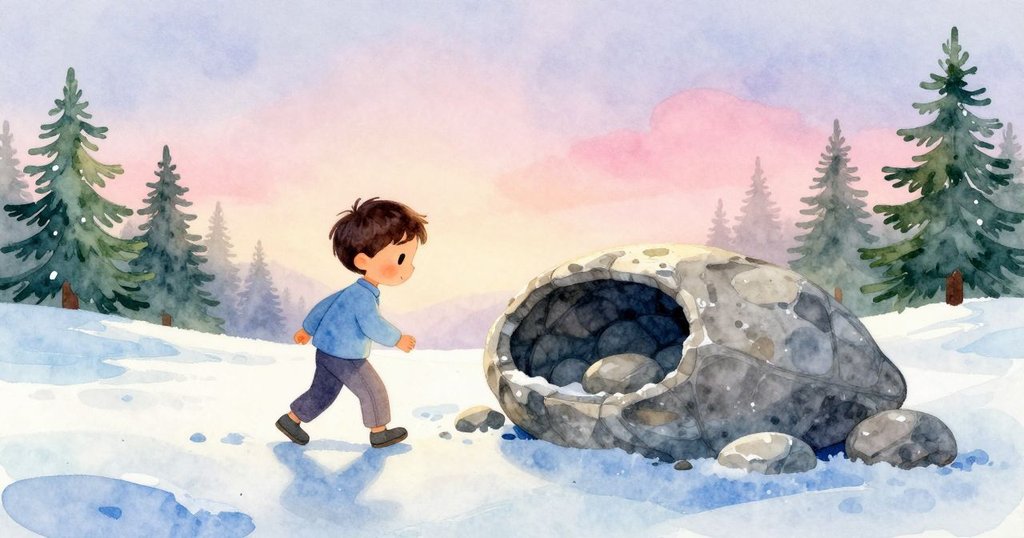 Blake走向石上空心莢,晨光柔和,場景展現新一天開始的期待與神秘感