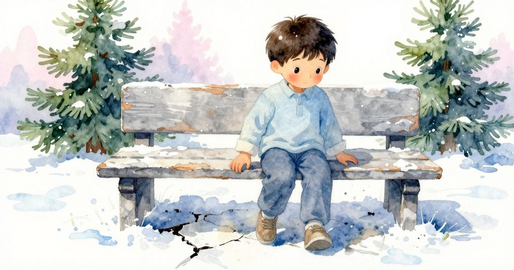 Blake的腳步在裂縫石面上留下痕跡,背景有剝落長椅,晨光溫柔地照亮細節,展露堅定意志