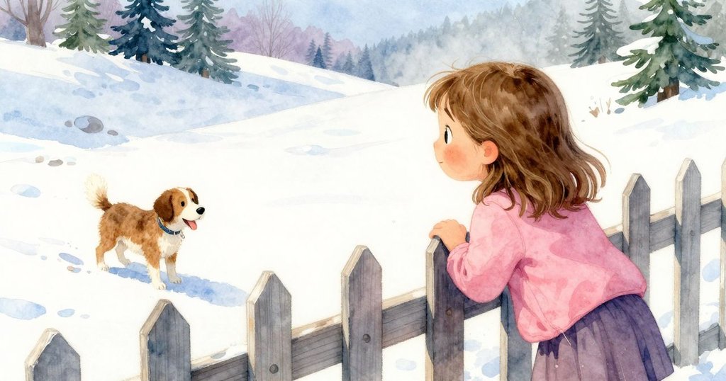 Rosa站在高處靠近柵欄觀察周遭,表情充滿好奇,旁邊有隻狗輕輕喘氣,晨光中透露出溫暖氛圍