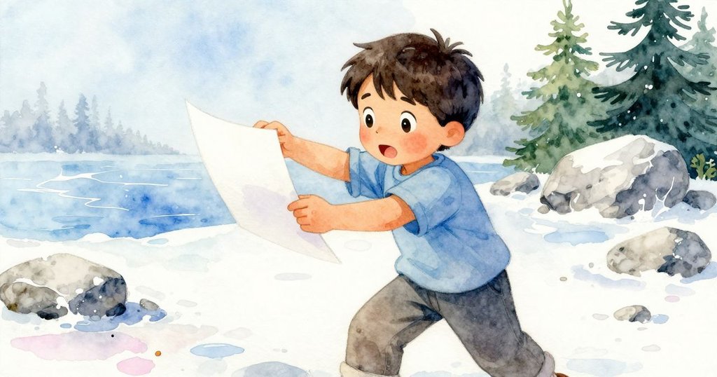 Blake驚訝地看著被風吹翻的素描紙,臉上流露出決斷與創意,背景有乾涸水痕和石面細節