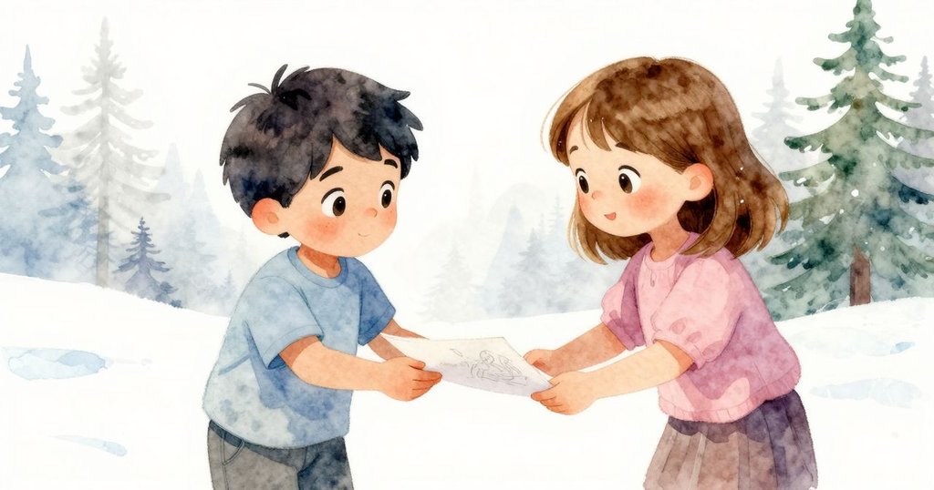 Blake和Rosa交換翻飛的素描紙,兩人臉上帶著驚喜與友情,背景透出晨光與柔和自然景致