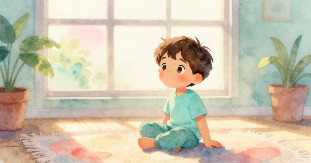 哈里斯坐在客廳地毯上，柔和晨光透過窗戶灑進室內，輕霧與浮塵營造出寧靜、溫暖的早晨氛圍。