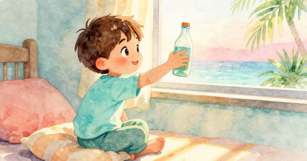 哈里斯踩在厚枕上努力取瓶，窗外晨光灑入室內形成光暈，展現出他專注而期待的神情。