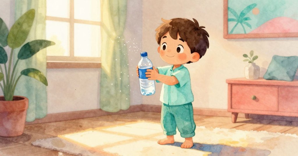 哈里斯小心翼翼抬起水瓶，內部水聲輕蕩，溫暖光線灑落在下陷的枕頭與飛舞的塵粒中。