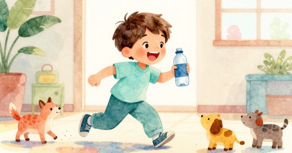 哈里斯快樂敲擊藍瓶，室內回蕩著低沉回音，玩具動物仿佛活了起來，充滿活力與愉悅氣氛。