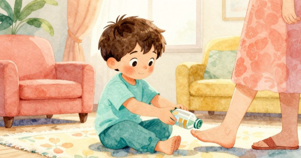 哈里斯含笑將藍瓶輕放，母親腳步悄進室內，玩具圍繞，呈現出充滿溫馨家庭重聚的溫柔氛圍。