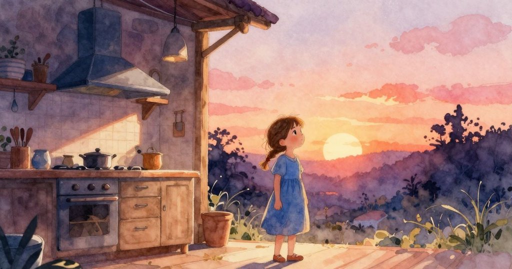 馬莉索爾走進溫暖廚房,晨光透過窗灑進室內,呈現探索與期待的情感,故事開始展開