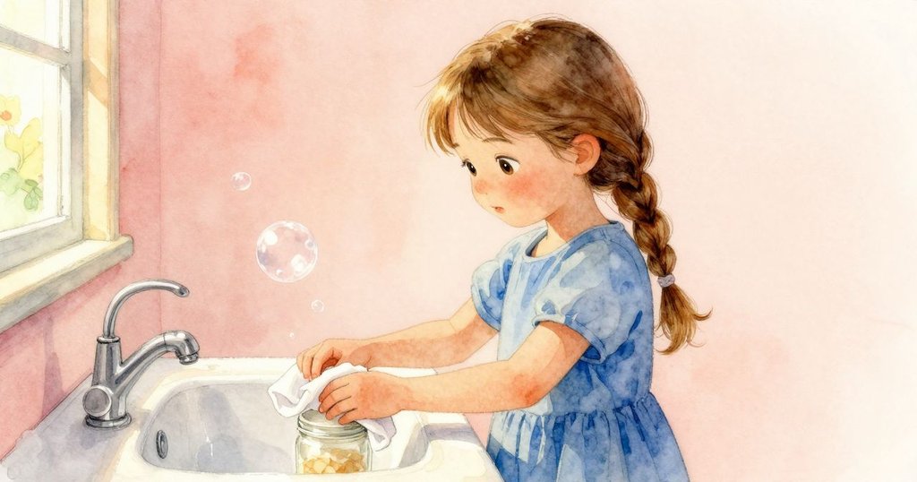 馬莉索爾在廚房洗槽邊細心操作,濕布覆蓋玻璃罐蓋,肥皂泡輕飄,午後柔光中展現情節轉換