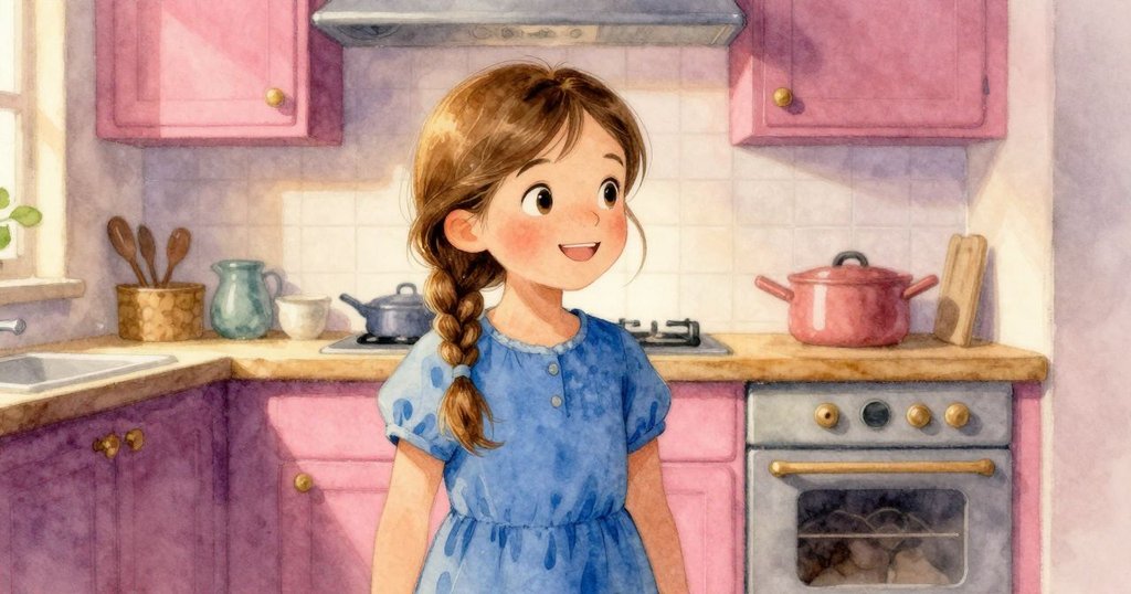 馬莉索爾與大人在廚房共享勝利喜悅,溫馨微笑映襯室內細節,故事高潮充滿慶祝情緒