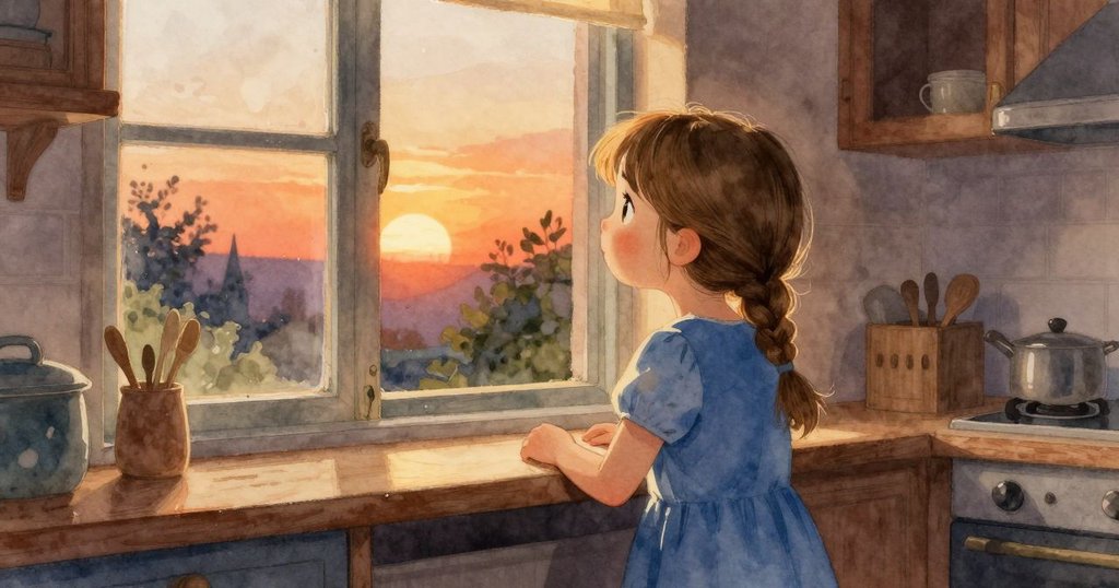 馬莉索爾在夕陽下望向窗外,滿意凝視中廚房散落著任務細節,呈現平靜與收尾的溫暖情感