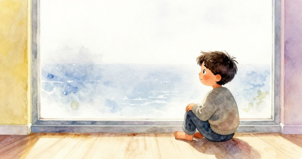 Wade 坐在窗邊，透過神秘窗框觀察外面的景色，房內溫暖而寧靜，表情專注。