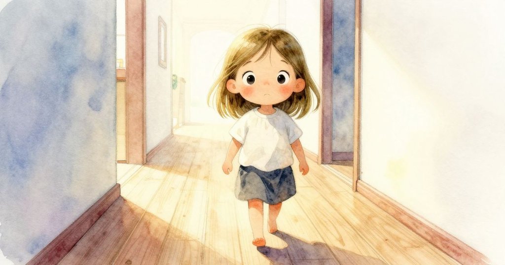 Nora 輕步走在木質走廊上，足跡清晰，室內光線柔和，充滿溫暖氛圍。