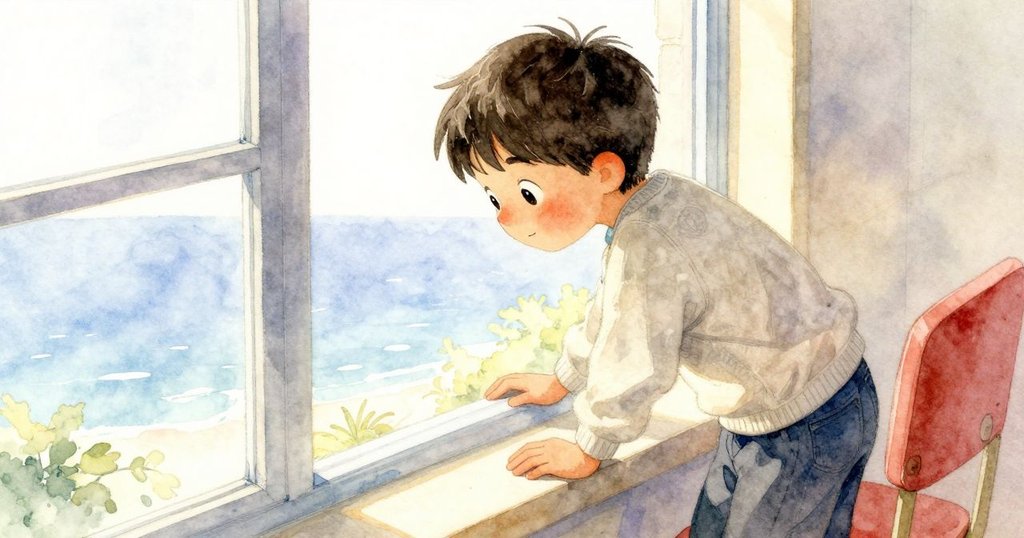 從上方視角看見Wade靠近窗戶，雙手背後注視成形雨珠，表情充滿好奇與專注。