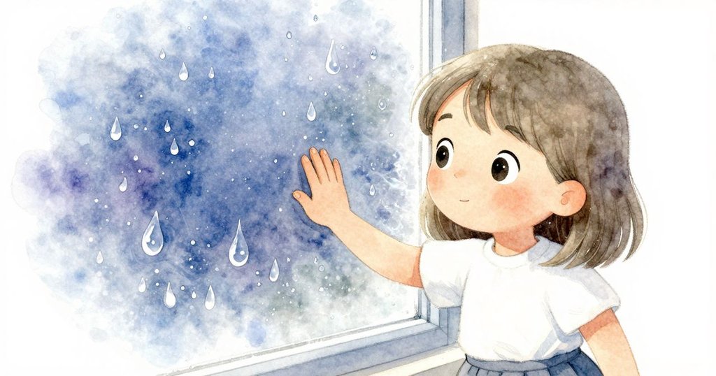 特寫畫面顯示Nora手按貼紙在朦朧窗戶上，隱約浮現幽靈般圓形痕跡，雨滴映出水面感覺。