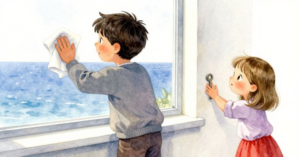 Wade 用乾布擦拭窗戶，Nora 輕觸窗台上小鑰匙與灰塵，兩人專注於細節互動，畫面溫暖豐富。