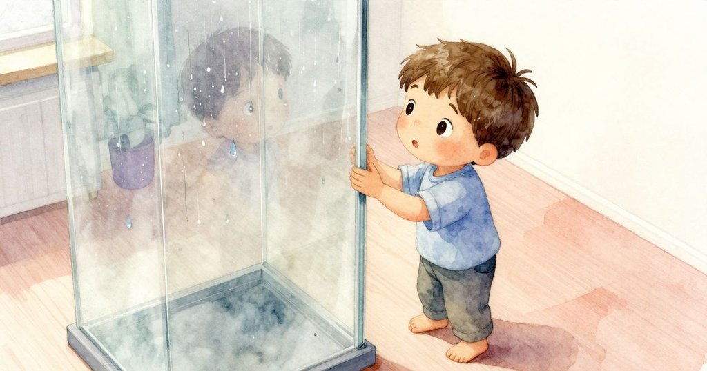 Luke站在窗邊看著雨滴沿著玻璃滑落，房間全景呈現柔和灰光，充滿探索情緒