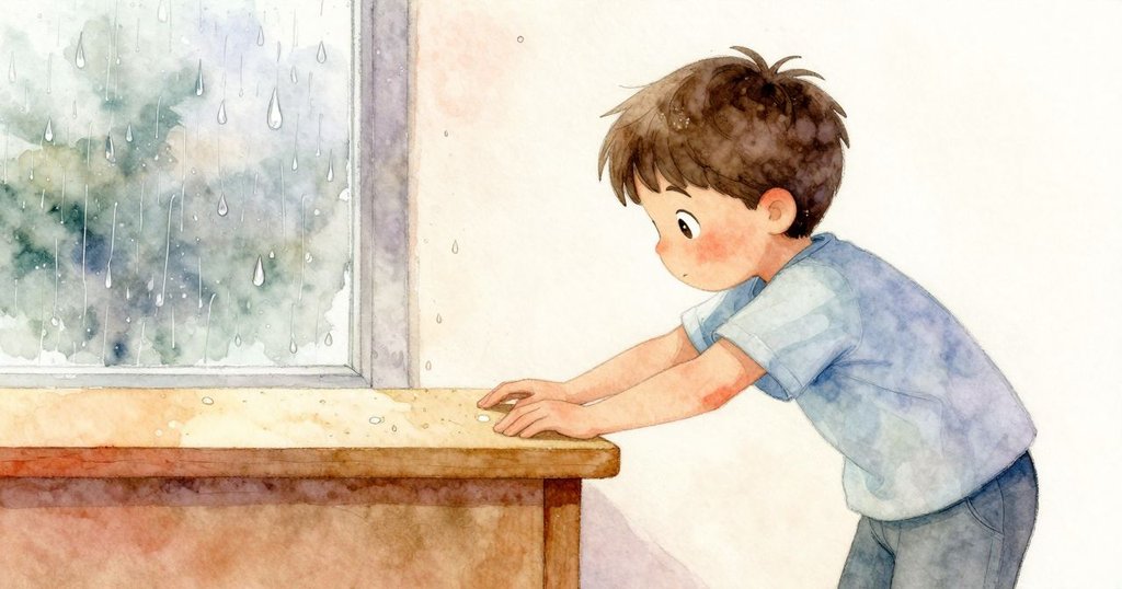 畫面分割呈現雨滴滑落與Luke手指在桌邊劃過的瞬間，兩側動作連貫，充滿探索感