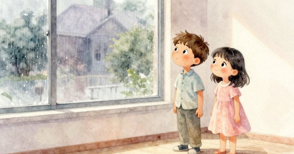 Zara好奇抬頭看窗外雨景，室內金屬框隨雨滴顫動，Luke注視著戶外，畫面充滿雨天氛圍