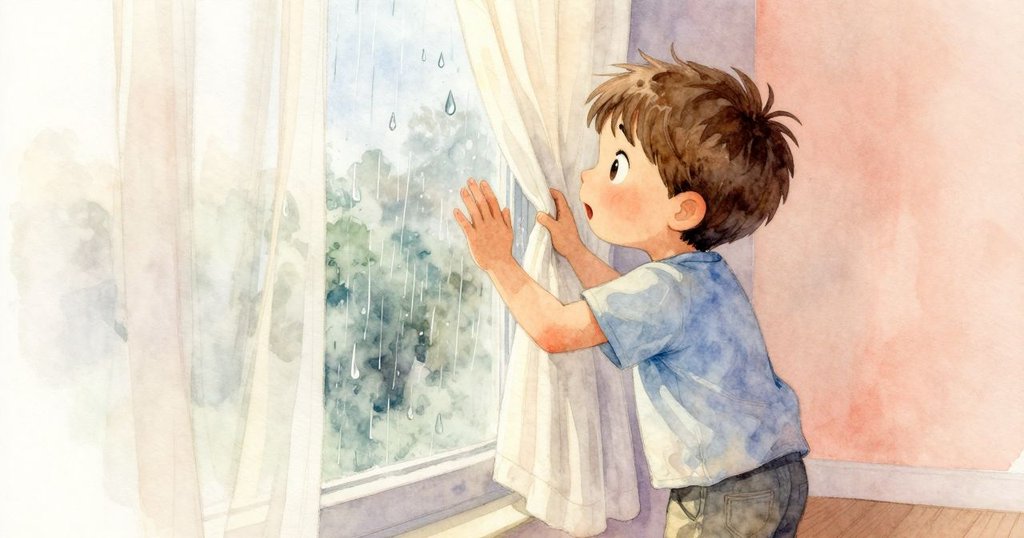 Luke輕敲玻璃，見小雨滴滑入窗簾後，神情充滿驚喜與發現，畫面溫暖而專注