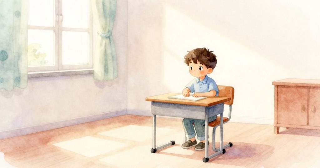 Luke回到書桌，神情平靜並充滿思考，室內溫暖燈光營造出寧靜結尾，展現內心柔和