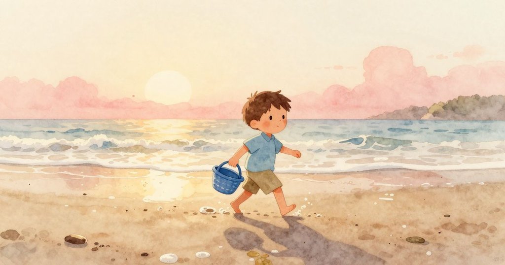 麥克斯在日出海灘上走著，手持藍色籃子，腳邊有泡沫，環境溫暖明亮，他正尋找閃亮的貝殼