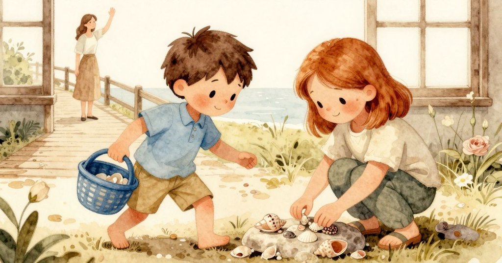麥克斯正在岩石上整理貝殼，透過板橋木質窗框望見母親親切揮手，展現海灘與家的連結，溫暖明亮