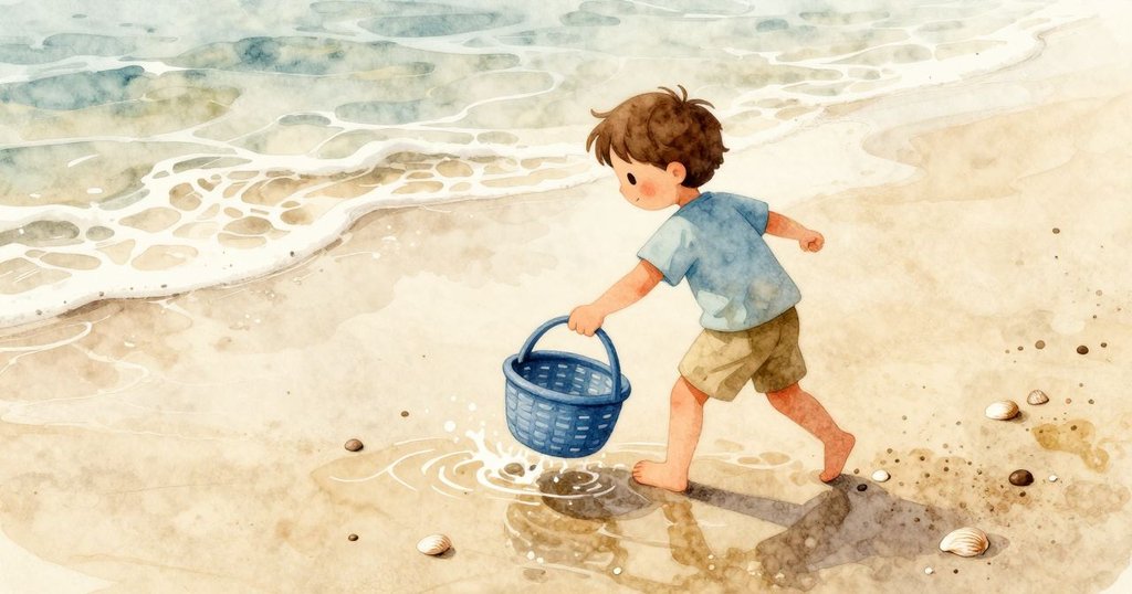 小浪花輕拍藍色籃子，貝殼與鵝卵石散落在濕沙上，水珠閃爍，麥克斯驚訝觀察動態海灘