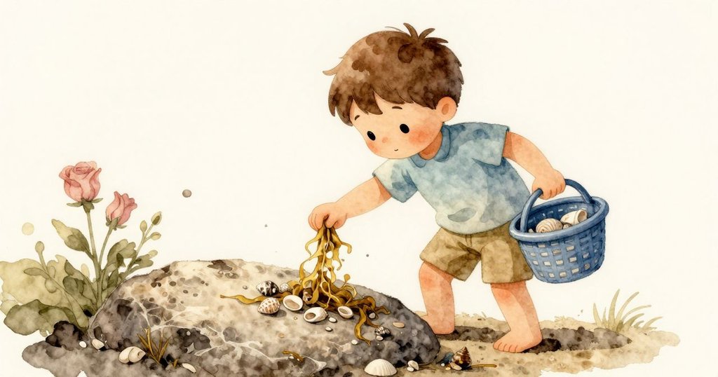 麥克斯專注地在岩石上重新排列散落的貝殼，細心撥開海藻找出遺漏的小貝殼，動作溫柔堅定