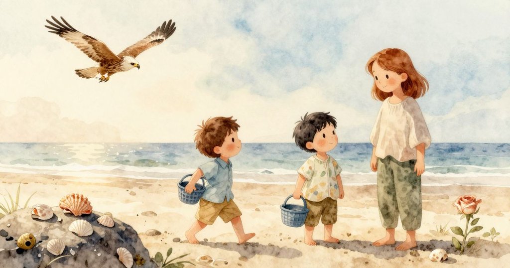 海灘上岩石整齊擺放著貝殼，潮池寧靜如初，一隻鷹低空滑翔，象徵自然守望，景色平和且深遠