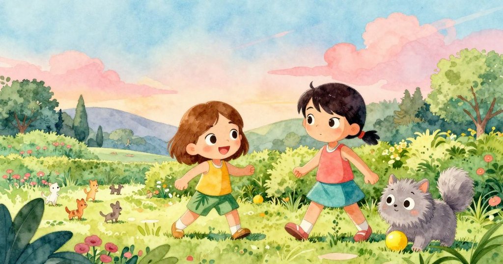 在溫暖陽光照耀的花園中，泰莉亞伸手夾取滾動的黃色球，帕洛瑪站在長凳旁與松鼠等生物共處，情景生動熱鬧。