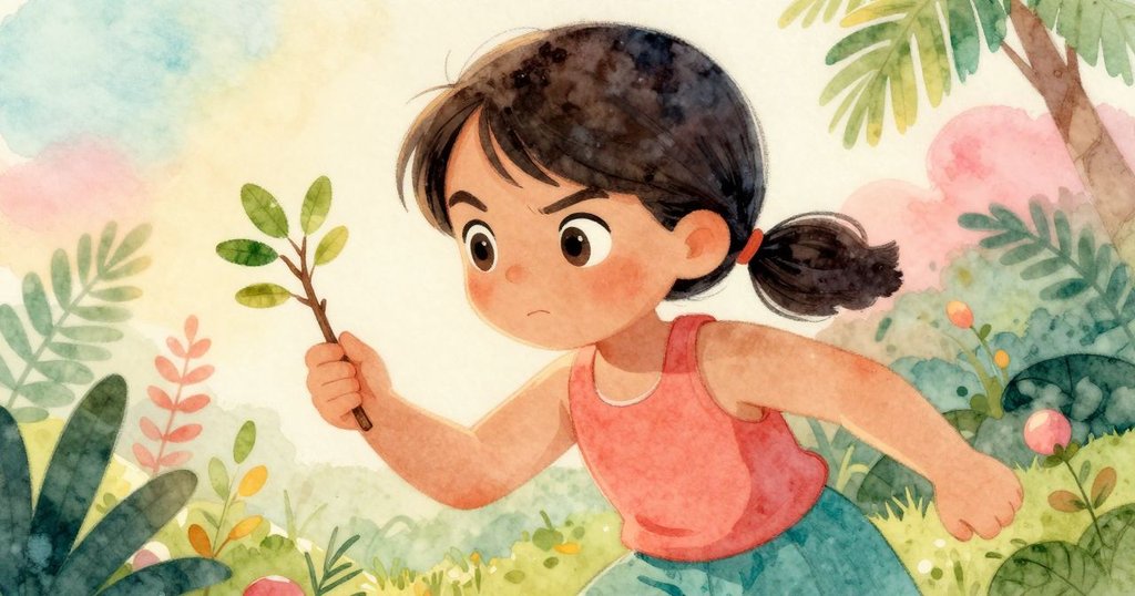 帕洛瑪專注地凝視手中的樹枝，眼神堅定認真，映襯著柔和花園背景，透露出對任務的決心。