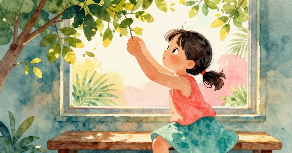 透過綠葉形成的窗框，帕洛瑪在長凳旁仔細撿取樹枝，樹籬中灑落的陽光營造出自然溫馨的畫面。