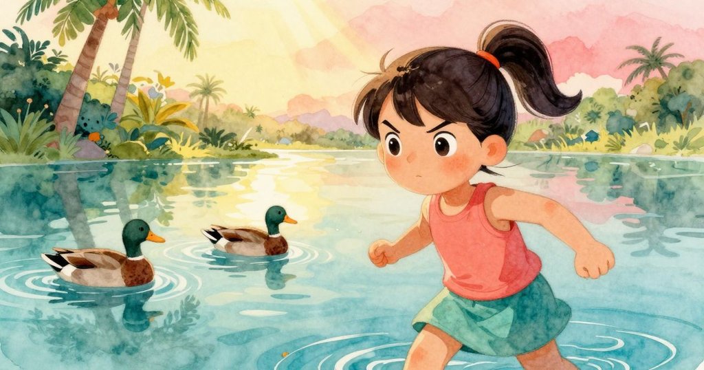 在陽光照射下，淺水池中微光閃爍，帕洛瑪站在池邊欣賞倒影與嬉戲的水鳥，情景寧靜而充滿詩意。