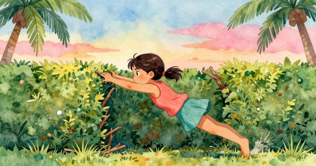 帕洛瑪在帶刺樹籬間俯身滑行，努力推動樹枝勾住黃色球，表情專注堅毅，氣氛緊張而充滿動感。