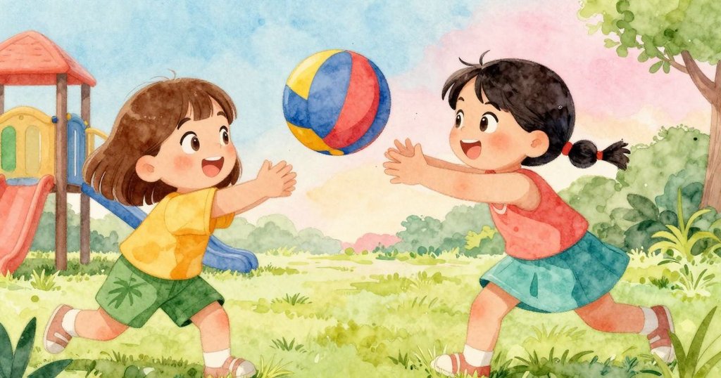 泰莉亞接住滾回的球露出燦爛微笑，帕洛瑪輕拍手中草塵，兩人在陽光遊樂場中共享成功救援的溫馨瞬間。