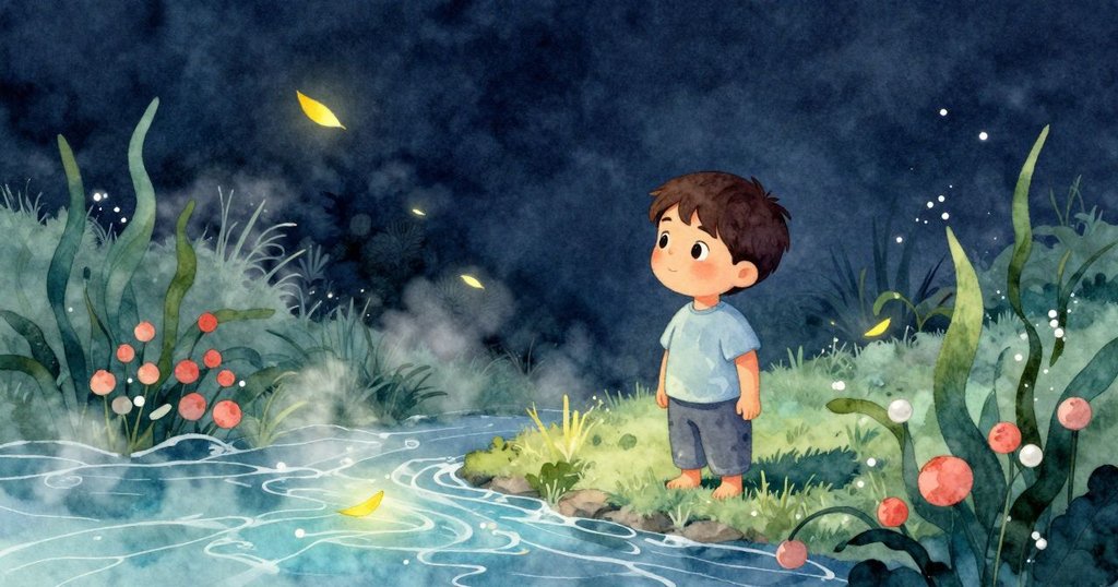 清晨溪邊，Emory站立觀察旋轉黃色樹葉，光線柔和，環境寧靜，展現故事開端。