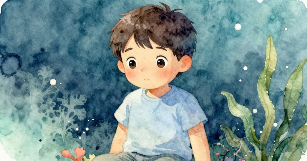 Emory專注凝視，眼中映出泛著微光的石子與水波，表情充滿驚奇與期待。