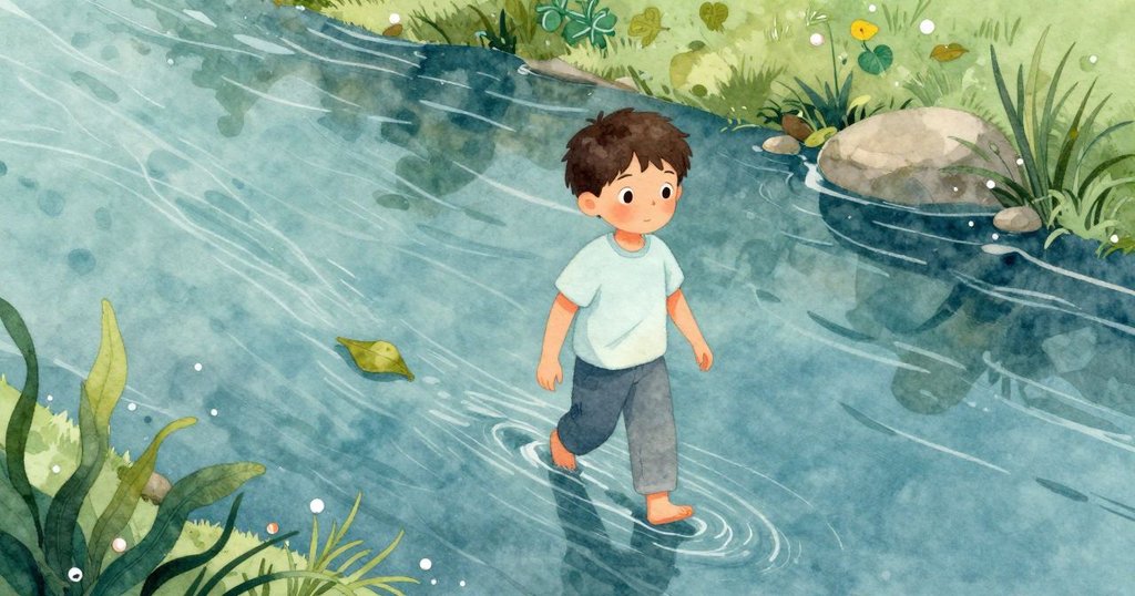 從高處視角看，Emory緩步隨行飄落的樹葉，溪流與周遭自然景致在柔和光影中呈現。