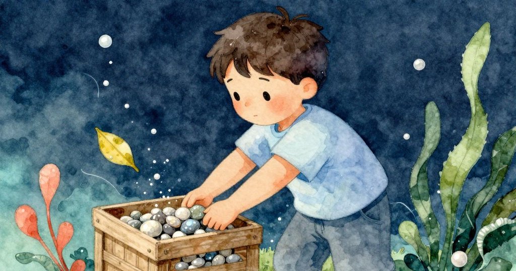 Emory小心撿起一顆閃光石子，旁邊黃色樹葉順水漂流，畫面充滿動感與細膩情感。