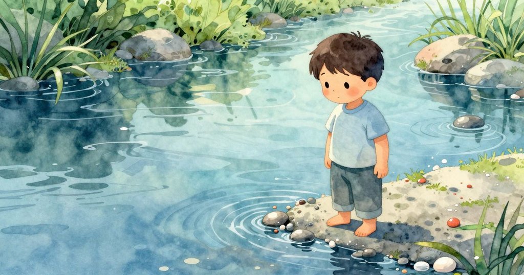 Emory靜立溪畔，注視著水面上閃爍石子，寧靜與自然重逢，空氣中透露著柔和與希望。