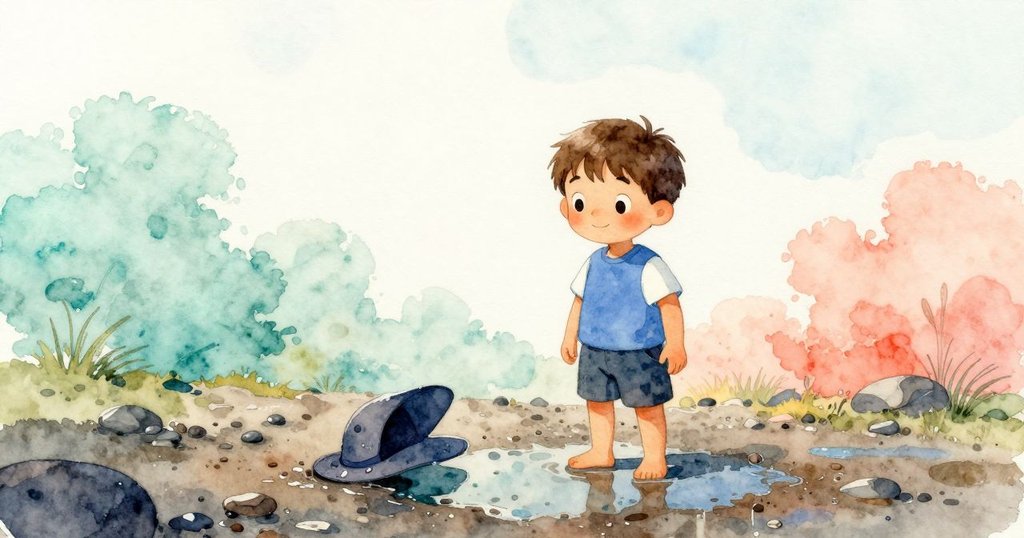 丹特站在雨中大水坑旁,欣賞泥地上三顆石子及漂浮派對帽,畫面呈現溫馨開場