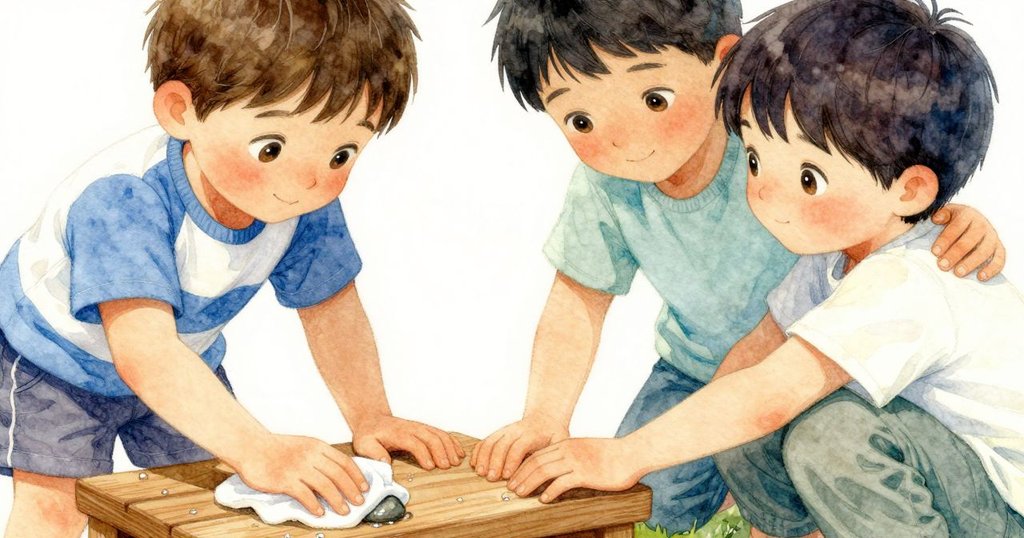 近拍木階紋理與水珠,丹特的手輕輕擦拭一顆小石子,細節豐富,情感溫和