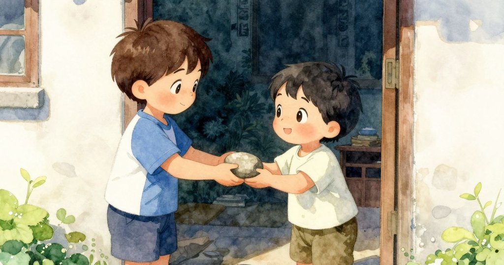 光影柔和變化中,丹特在門口與家長互動,家長將一顆新石子遞給他,情感溫暖安定