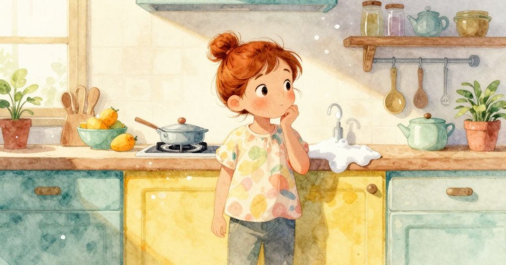 在溫暖的廚房中，Kestrel獨自靜立，金色陽光灑入，肥皂泡沫輕輕飄動，展現期待與寧靜情緒。