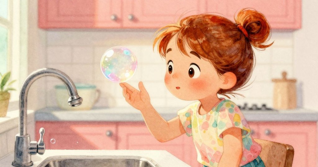 Kestrel聚精會神地觀察水龍頭上的彩色泡泡，面部流露驚奇與好奇，柔和光線映襯廚房背景。