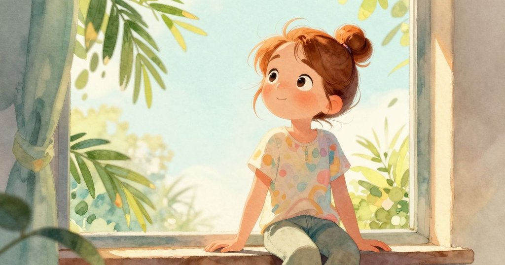 從低角度看見Kestrel站在窗邊，專注望向外面搖曳的樹葉，展現思索與探索的神情。