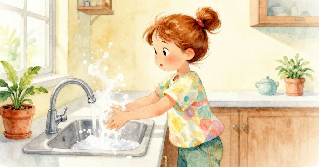 Kestrel輕盈向銀色水槽行進，動作流暢，周圍泡泡盤旋，展示活力與動態的廚房氛圍。